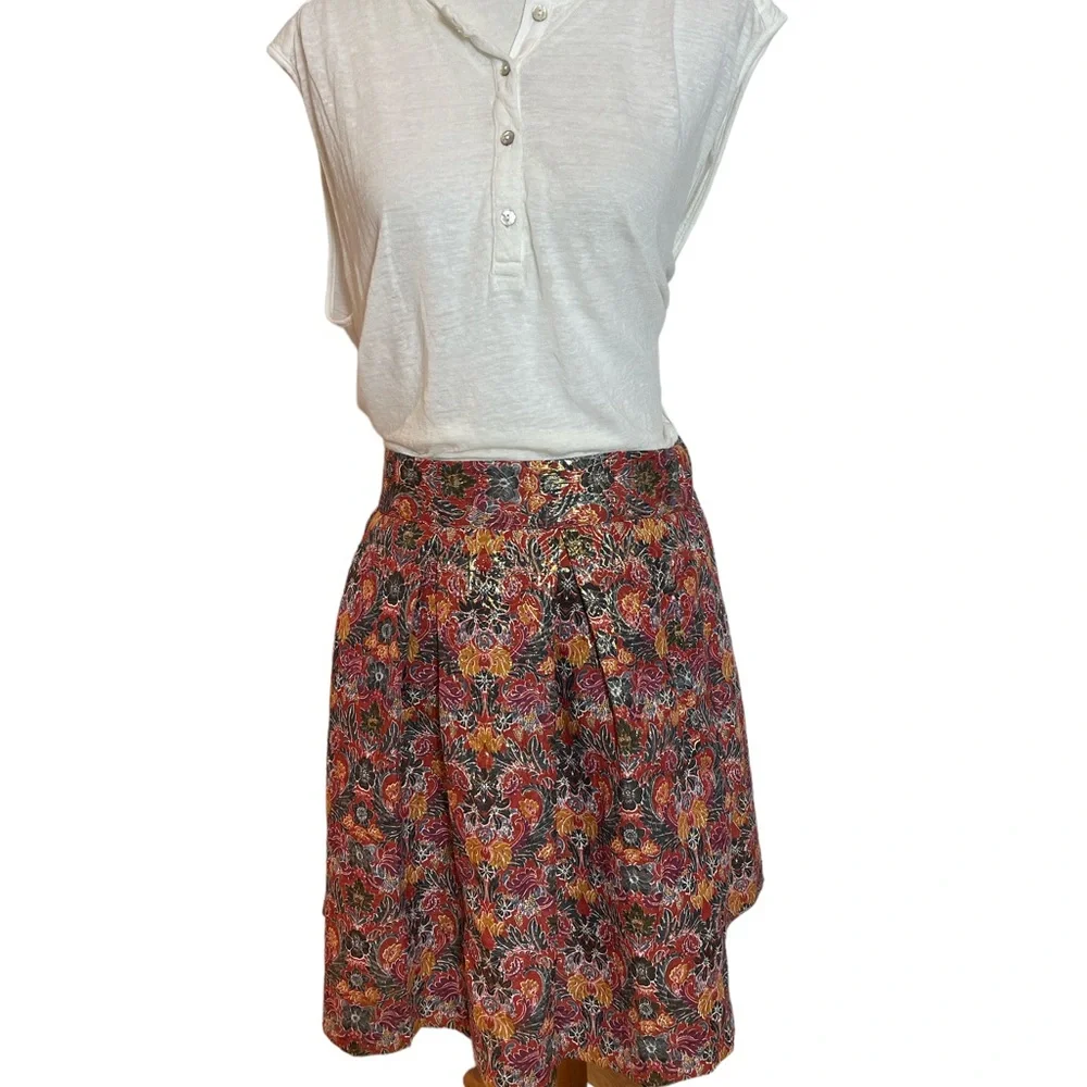 Anthropologie Rosia Brocade Red & Gold Floral Metallic Pleated Skirt - Picture 3 of 13